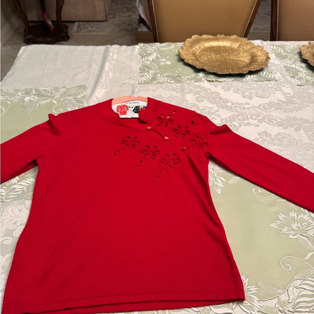 Boston Proper Red Embroidered Holiday sweater